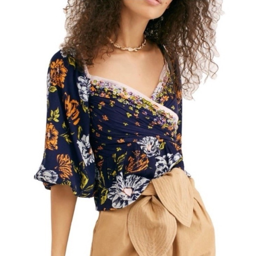 Free People Mirabella Blue Floral Cotton Wrap Style Top Blouse Cropped Medium